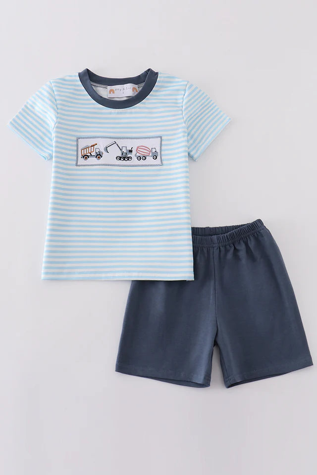 Blue stripe tractor embroidery boy